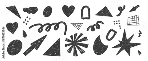 Chalk kids geometric doodle elements shapes. Playful kindergarten triangles, stars, squiggle, grid abstract elements. Funky black sticker figures, pencil strokes and childish doodle for vector design.