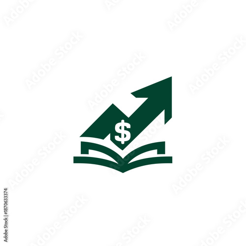 Financial education, investment growth, and economic success concept with an open book, dollar sign, and upward arrow icon.