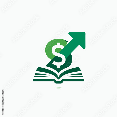 Financial education concept with open book, dollar sign, and growing arrow. Investment growth, economic learning, and money studies.