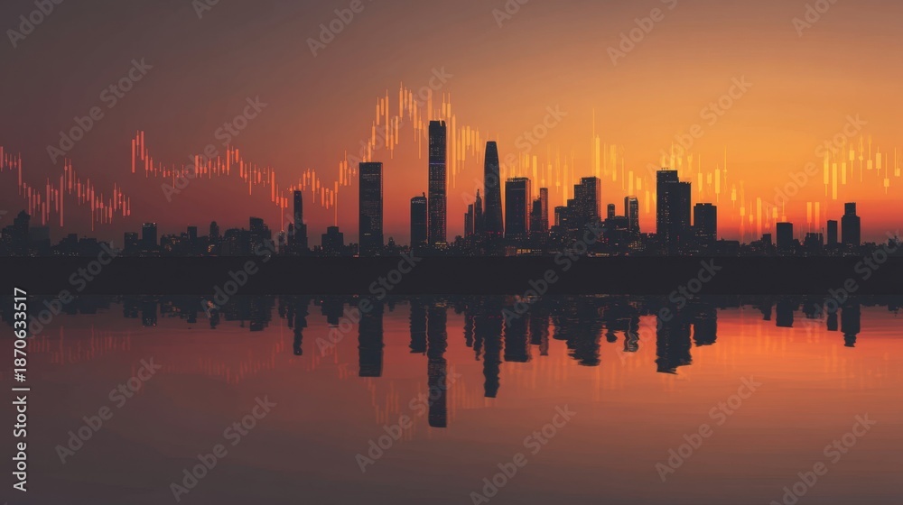 Obraz premium The skyline of a city is seen at sunset with colorful lights and reflections in the water. Financial data trends are shown over the skyline blending nature and finance.