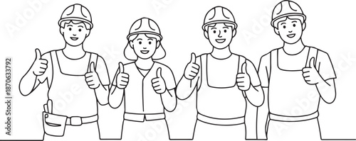 One line drawing of young happy male and female building builder groups wearing helmet giving thumbs up gesture.one line vector illustration with out background