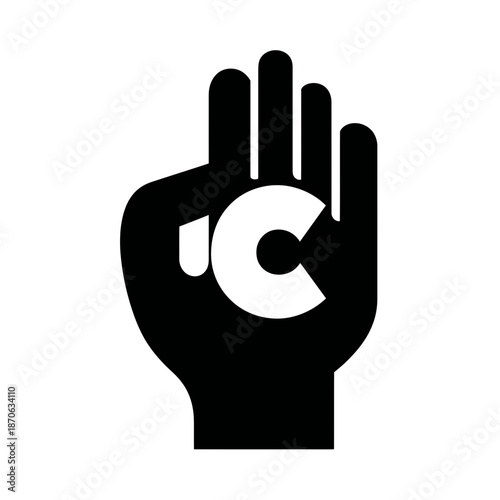 Abstract black hand silhouette making a gesture with a white uppercase letter C, communication, alphabet learning symbol