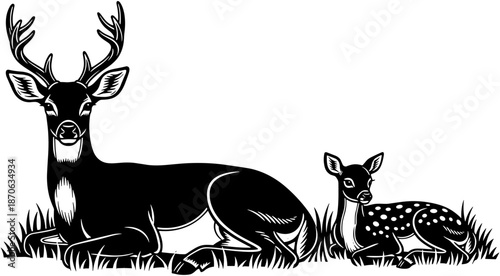 Vintage black and white woodcut of a deer buck and spotted fawn lying in grass in a retro linocut style.