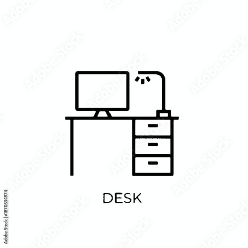 A simple line icon of a desk with a computer and lamp, representing a workspace for productivity and focus