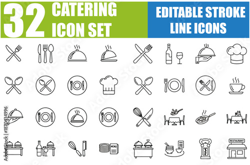 Catering Icon Set - Restaurant, Cutlery, Buffet Service, Serving Tray, Food Platter, Banquet, Hotel Service, Event Planning, Catering Equipment, Utensils, Chef, Waiter and More - Editable Stroke Vecto