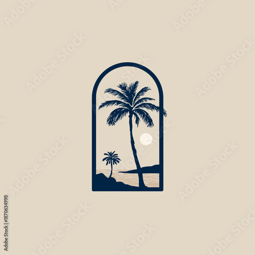 Minimalist retro illustration of tropical palm trees on an island beach at sunset or sunrise, framed within an elegant arch, evoking summer vacation and paradise.