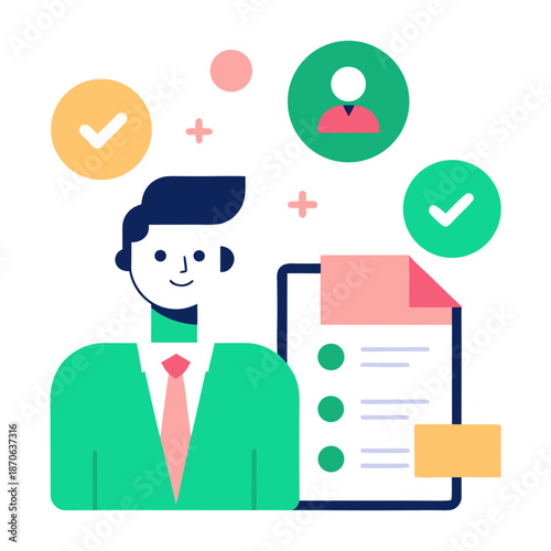 Recruiter Evaluating Candidate via Skill Icons Vector