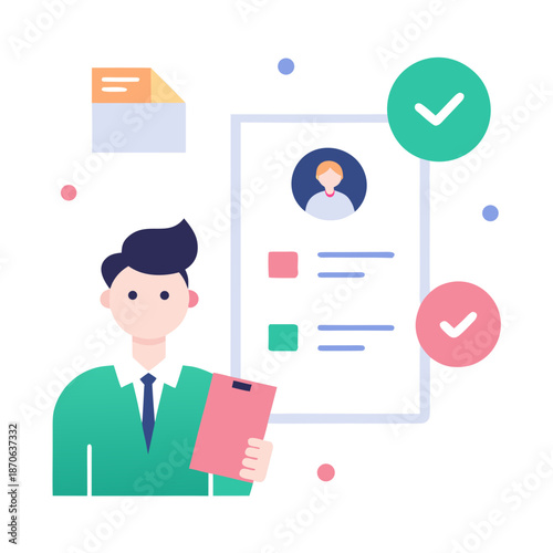 Recruiter Evaluating Candidate via Skill Icons Vector
