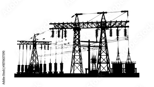 High Voltage Electrical Substation Silhouette with Power Lines and Transformers Vector Art