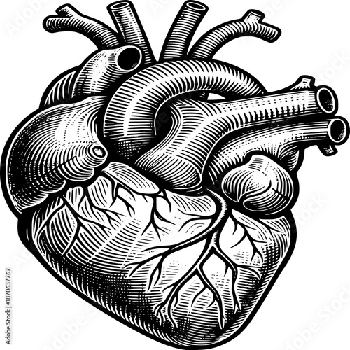 Anatomical Heart: A detailed depiction of a human heart, with its intricate network of vessels and chambers, rendered in a classic, illustrative style.
