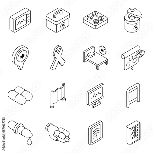 Collection of Medical Healthcare Icons in Line Art Style.