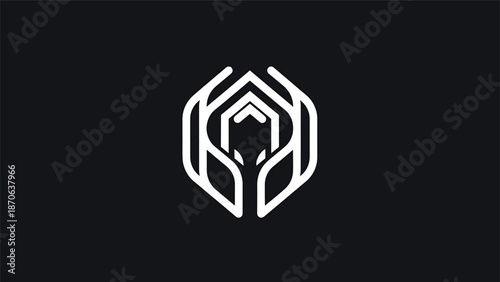 Abstract white logo design on a dark background, geometric shape.