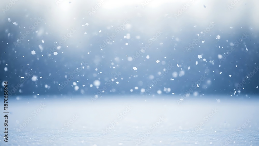 Fototapeta premium Snow falling on blue background with white ground snowfall snowflakes