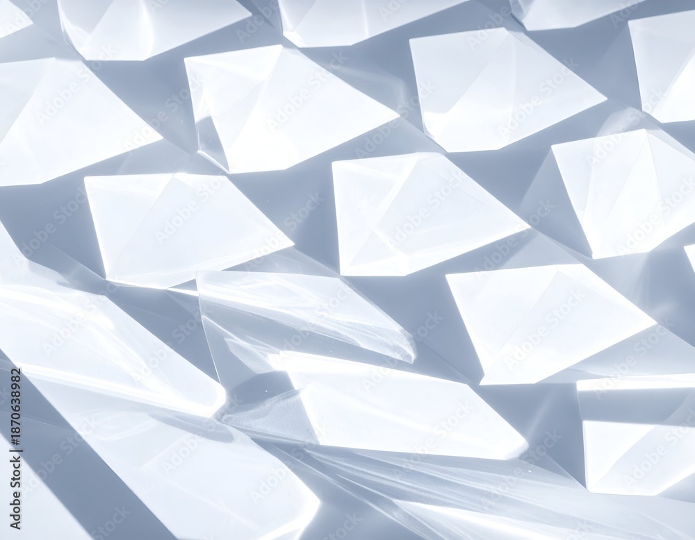 Obraz premium Abstract arrangement of white, faceted, triangular shapes with strong light and shadow