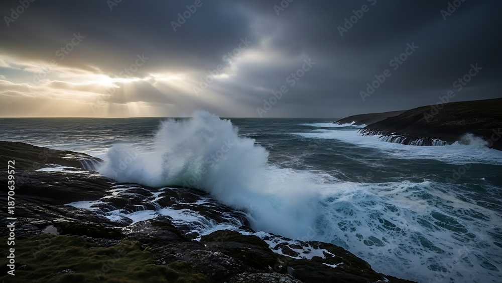 Fototapeta premium Powerful stormy waves crash against the coastal rocks under a dark sky as the nature of the ocean reveals its strength in a dramatic sea landscape