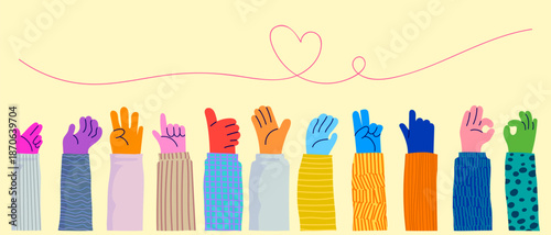Set of colorful hands with different gestures and sign vector illustration. Community, communication, friendship symbol elements.