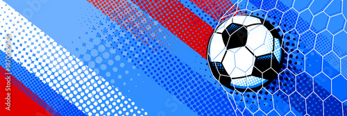 Modern soccer banner background featuring a football with dynamic abstract shapes, halftone textures