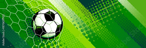 Modern soccer banner background featuring a football with dynamic abstract shapes, halftone textures