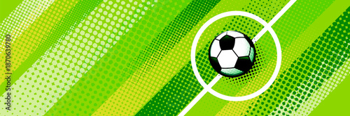 Modern soccer banner background featuring a football with dynamic abstract shapes, halftone textures