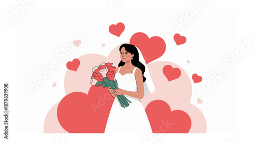 Radiant Bride's Promise: A radiant bride stands poised, clutching a bouquet, encircled by heartfelt symbols, capturing the anticipation and romance of a blossoming journey.