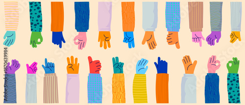 Set of colorful hands with different gestures and sign vector illustration. Community, communication, friendship symbol elements.
