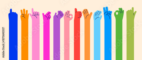 Set of colorful hands with different gestures and sign vector illustration. Community, communication, friendship symbol elements.