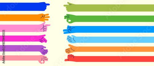 Set of colorful hands with different gestures and sign vector illustration. Community, communication, friendship symbol elements.
