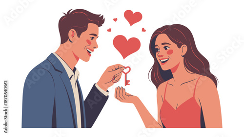 A Shared Secret:  A man offers a key to a woman, symbolizing trust, love, and a shared journey. Floating hearts adds a whimsical touch to this intimate moment.