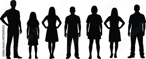 Human silhouette family group people standing together, male female child figures, black outline isolated on white background diverse community 