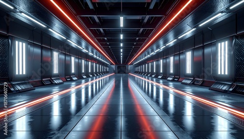 Futuristic corridor with neon lights and reflective floor