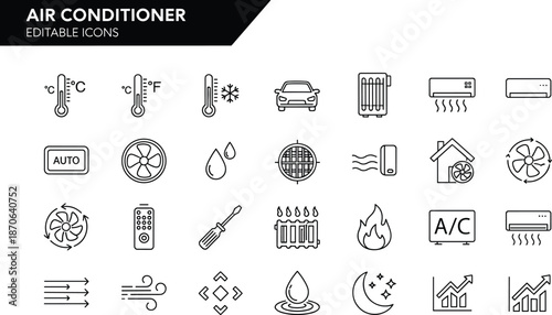 Air conditioner editable icon set featuring HVAC cooling, heating, temperature control, ventilation, humidity, and climate management symbols systems