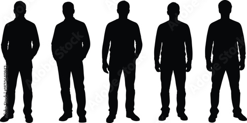 Male human silhouette group standing poses collection, anonymous people figures, black outline isolated on white background minimal vector illustrationMale human silhouette group standing 