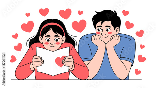 Romantic reading time: A sweet couple shares an intimate moment, where one reads a heartwarming card and the other gazes lovingly at her, surrounded by expressions of love.