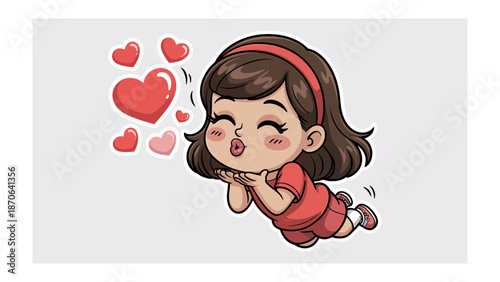 Emotions of Affection: A young girl, full of joy and expression, floats amidst a flurry of hearts, her gesture of love is truly heartwarming.