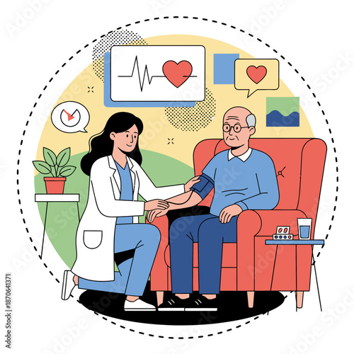 Home medical care and support concept with flat vector illustration of nurse checking blood pressure of senior man at home with heart rate monitor and medicine icons for geriatric wellness