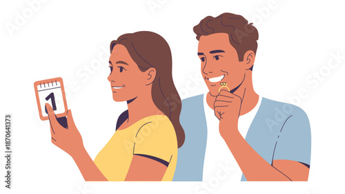 Date Decision: A couple is depicted examining a calendar, symbolizing an important day, event, or decision together, and embodying the anticipation of future planning.