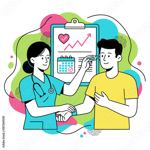 Medical test and health screening services concept with flat vector illustration of nurse checking patient vital signs against health progress chart with heart and calendar wellness icons