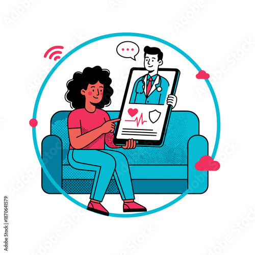 Digital Healthcare and Online Medical Support Concept with Woman Consulting Doctor via Tablet at Home. Telemedicine Virtual Care and Mental Health Teletherapy Flat Vector Illustration Design