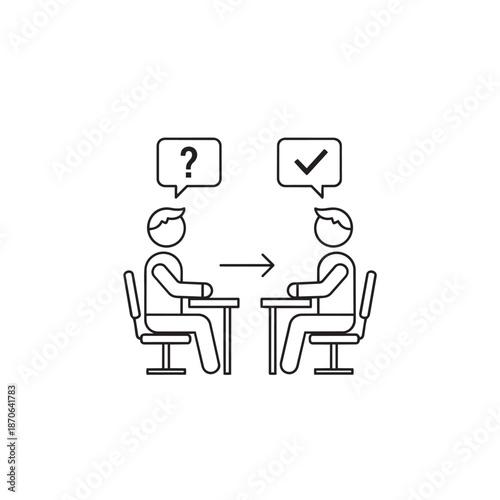 Two figures sitting at desks with speech bubbles showing question and checkmark communication