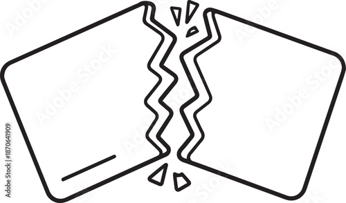 A minimalist black and white line art vector showing a credit card snapped in half with small fragments, symbolizing debt destruction, account closure, or a cancelled financial service.