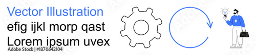 Innovation, problem-solving, workflow, automation, creativity, brainstorming. Gear and circular arrow alongside a figure holding a lightbulb. Innovation and problem-solving concept