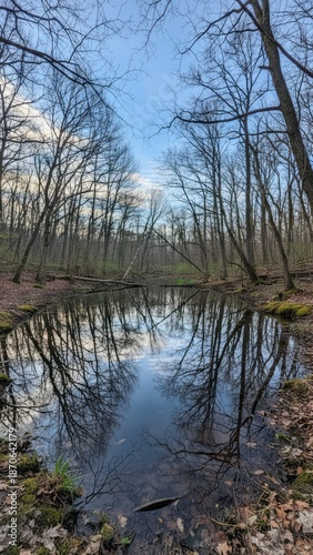 Serene Forest Reflection in Calm Water Trees Nature Landscape. Concept featuring forest, reflection, water, trees, nature.