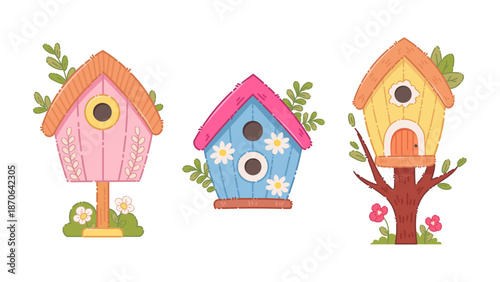 Cute birdhouses with flowers and branches. Lovely wooden birdhouses on white background, spring vector illustration