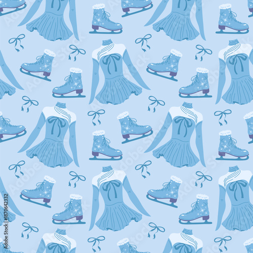Figure skating seamless pattern. Sports suit dress, ice skates. Blue pastel background