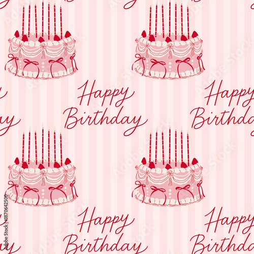 Seamless striped pattern with flat festive cake and candles, Happy Birthday lettering. Girly repeat tile for birthday party. Fabric swatch, printable craft