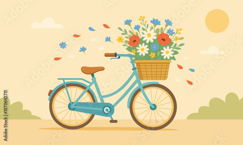 Bicycle with a basket filled with flowers on a light background. Calm flat vector illustration combining floral elements and everyday outdoor scene.