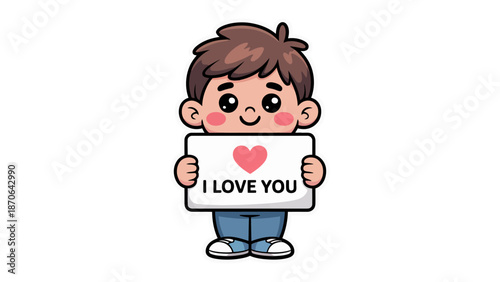 Sweet Sentiment: A young boy conveys his affection through a heartfelt message on a placard. The image embodies the innocence of love and the beauty of human connection.