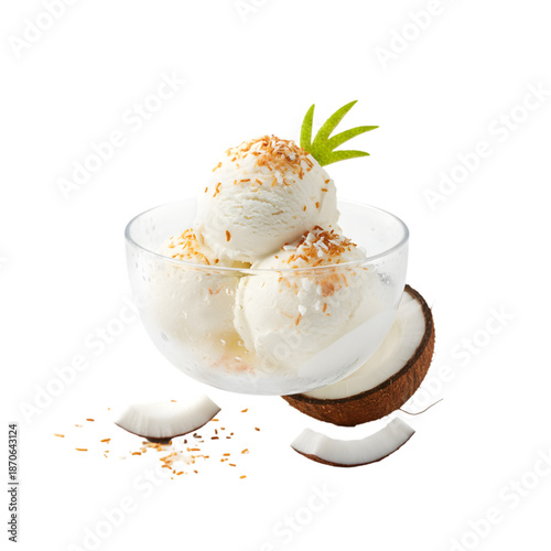 Fresh coconut shells filled with creamy coconut ice cream garnished with mint leaves on rustic wooden background
