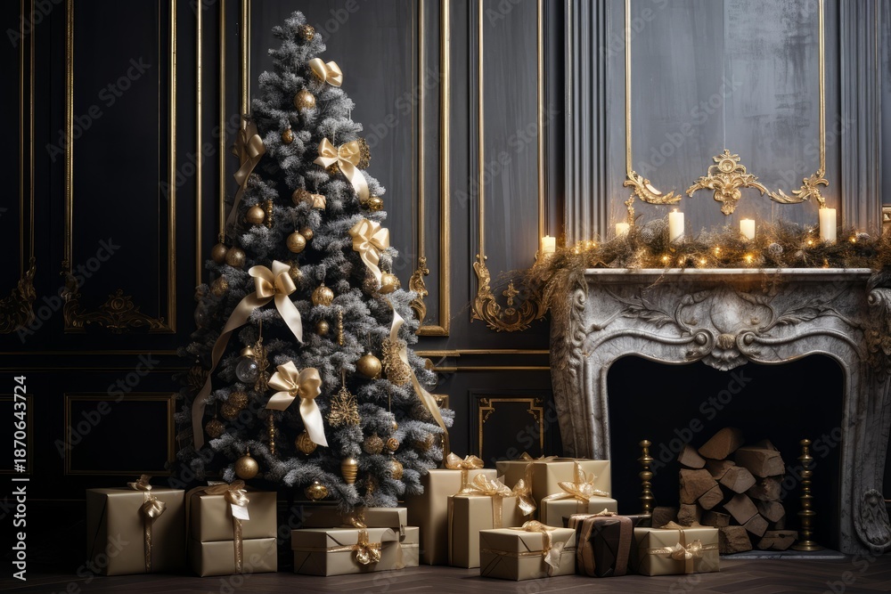 Naklejka premium Luxurious living room decorated for holidays with christmas tree and wrapped presents