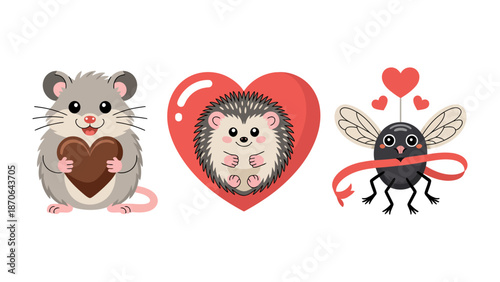 Love-Filled Creatures: A delightful illustration featuring an adorable mouse, hedgehog, and fly, each embracing the symbol of love in a heartwarming scene. 